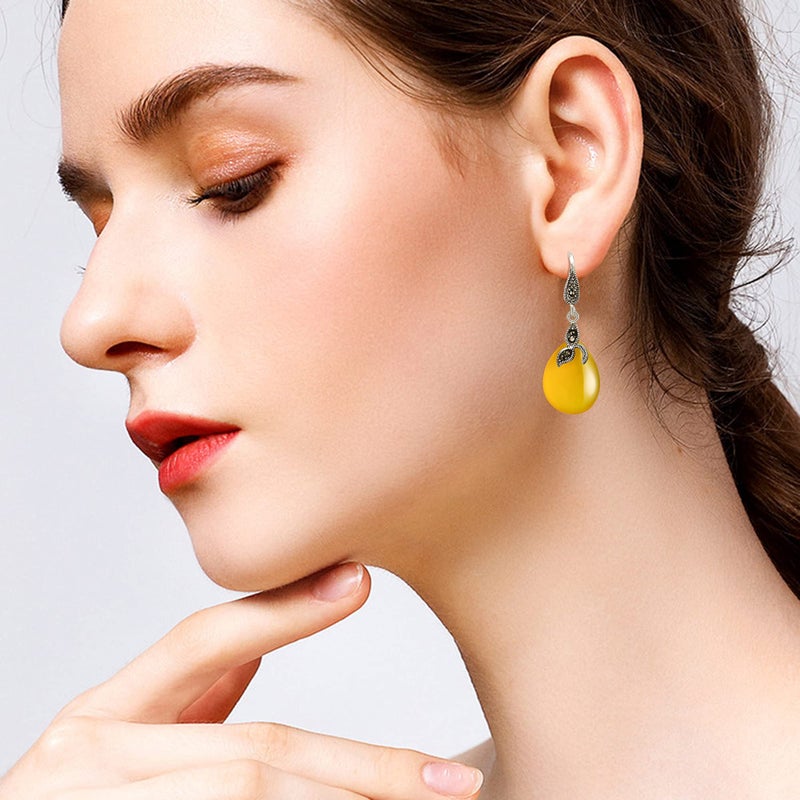 EVER FAITH 925 Sterling Silver Yellow Chalcedony Crystal Retro Black Leaf Teardrop Hook Earrings - Image 3